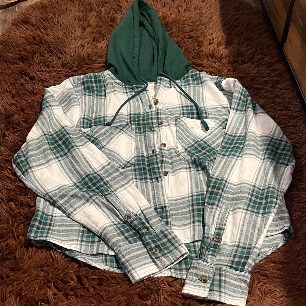 SO Green and White Plaid Hooded Shirt